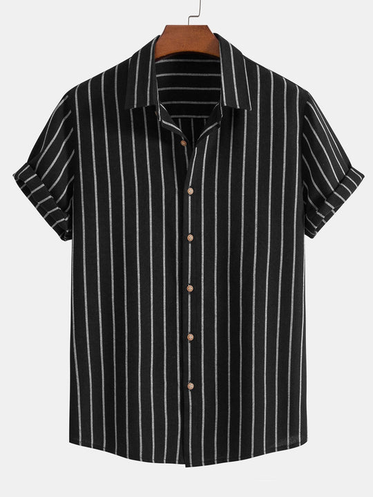 Cotton blend striped button up shirt and straight leg linen pants