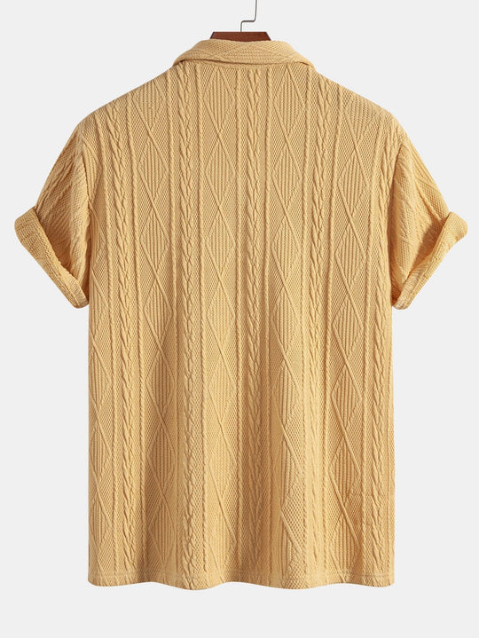 Knitted geometric texture Red Cuban shirt and linen straight-leg pants