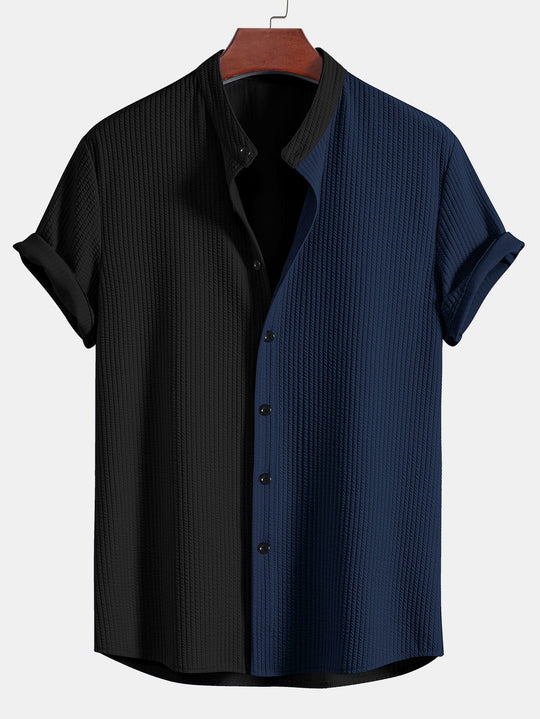 Two Tone Muscle Fit Ribbed Stand Collar Shirt & Straight Leg Ribbed Pants