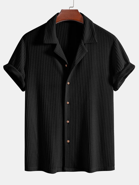 Short sleeve knit waffle Cuban shirt and straight leg linen pants
