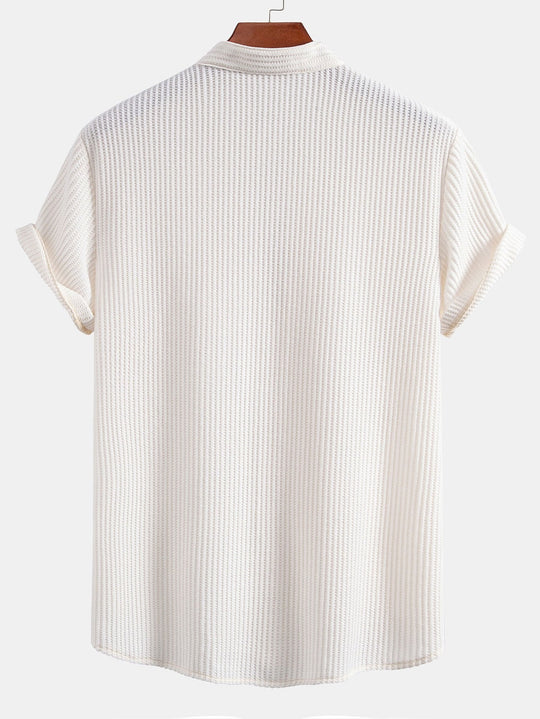Waffle Slight brownD-collar shirt & waffle shorts with drawstring