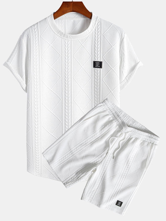 Short sleeve geometric jacquard bow hemT-Shirt& Shorts