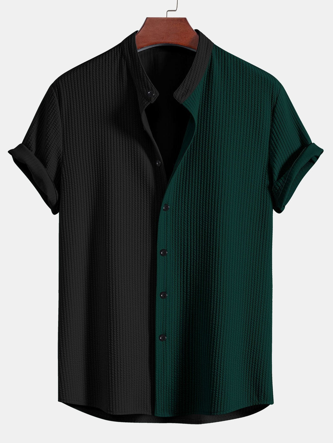 Two Tone Muscle Fit Ribbed Stand Collar Shirt & Straight Leg Ribbed Pants