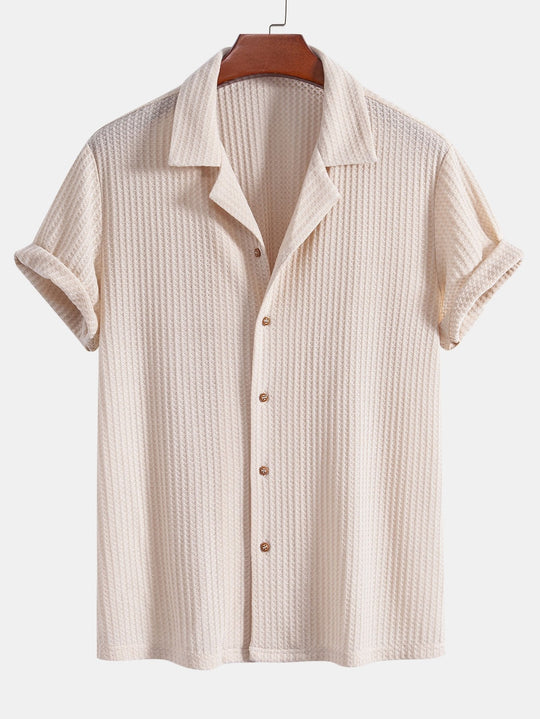 Short sleeve knit waffle Cuban shirt and straight leg linen pants