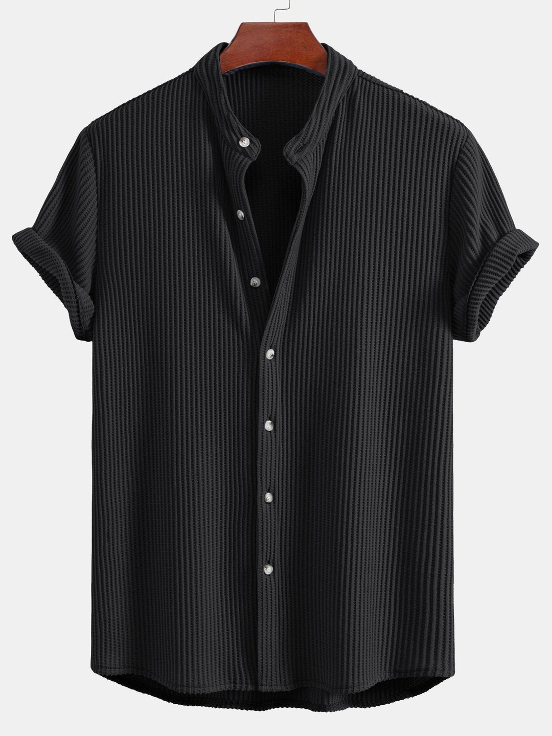 Waffle Slight brownD-collar shirt & waffle shorts with drawstring