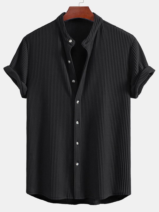 Waffle Slight brownD-collar shirt & waffle shorts with drawstring