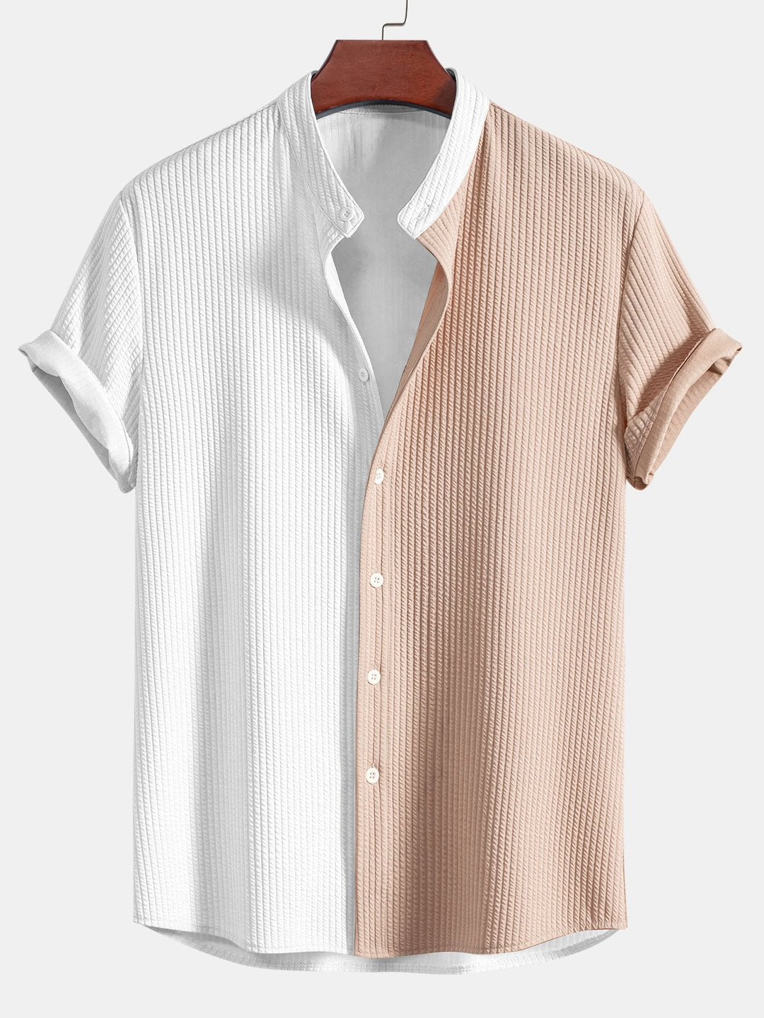 Two Tone Muscle Fit Ribbed Stand Collar Shirt & Straight Leg Ribbed Pants