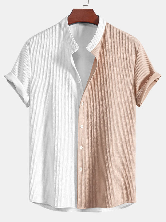 Two Tone Muscle Fit Ribbed Stand Collar Shirt & Straight Leg Ribbed Pants