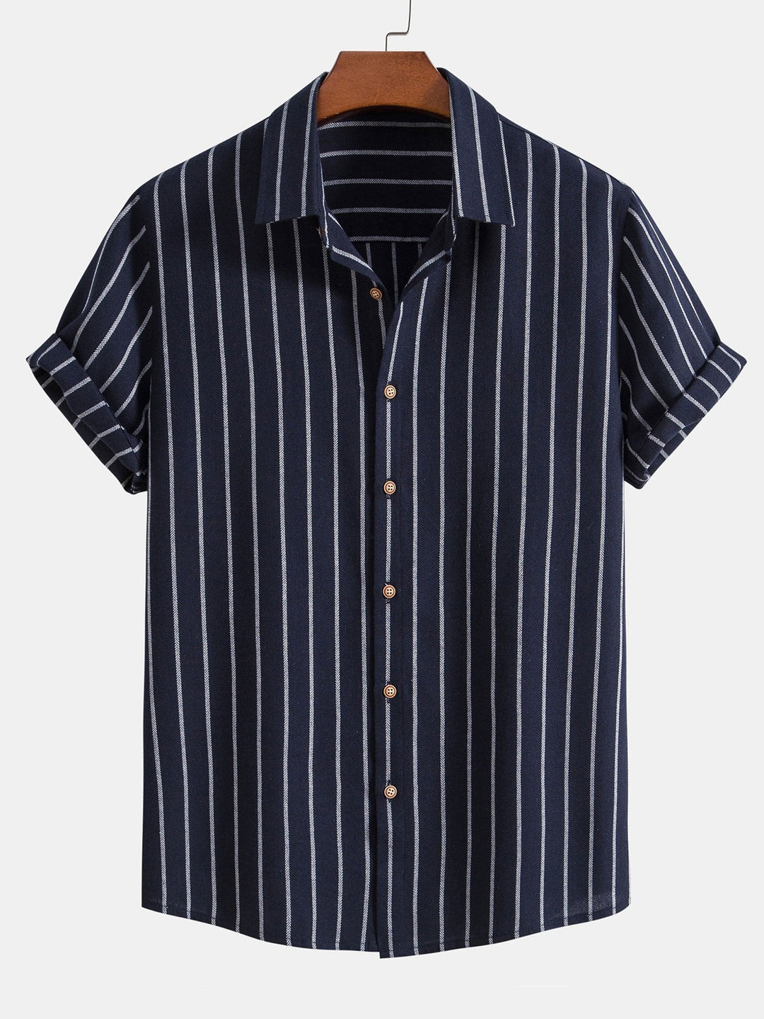 Cotton blend striped button up shirt and straight leg linen pants