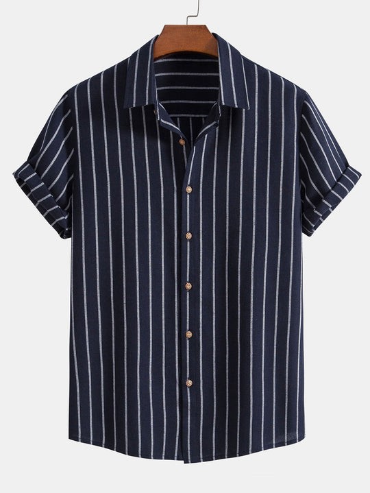 Cotton blend striped button up shirt and straight leg linen pants