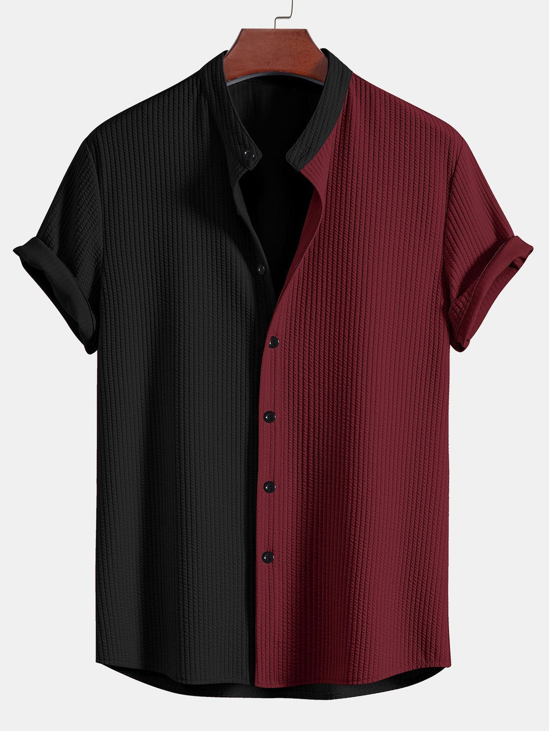 Two Tone Muscle Fit Ribbed Stand Collar Shirt & Straight Leg Ribbed Pants