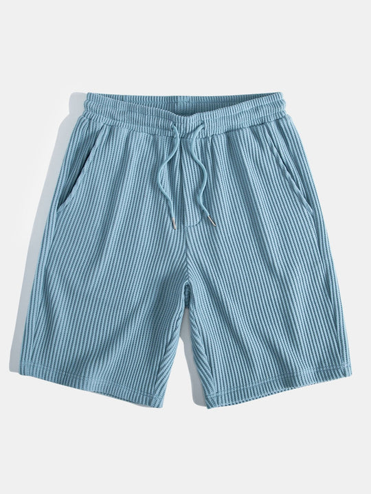 Waffle Slight brownD-collar shirt & waffle shorts with drawstring