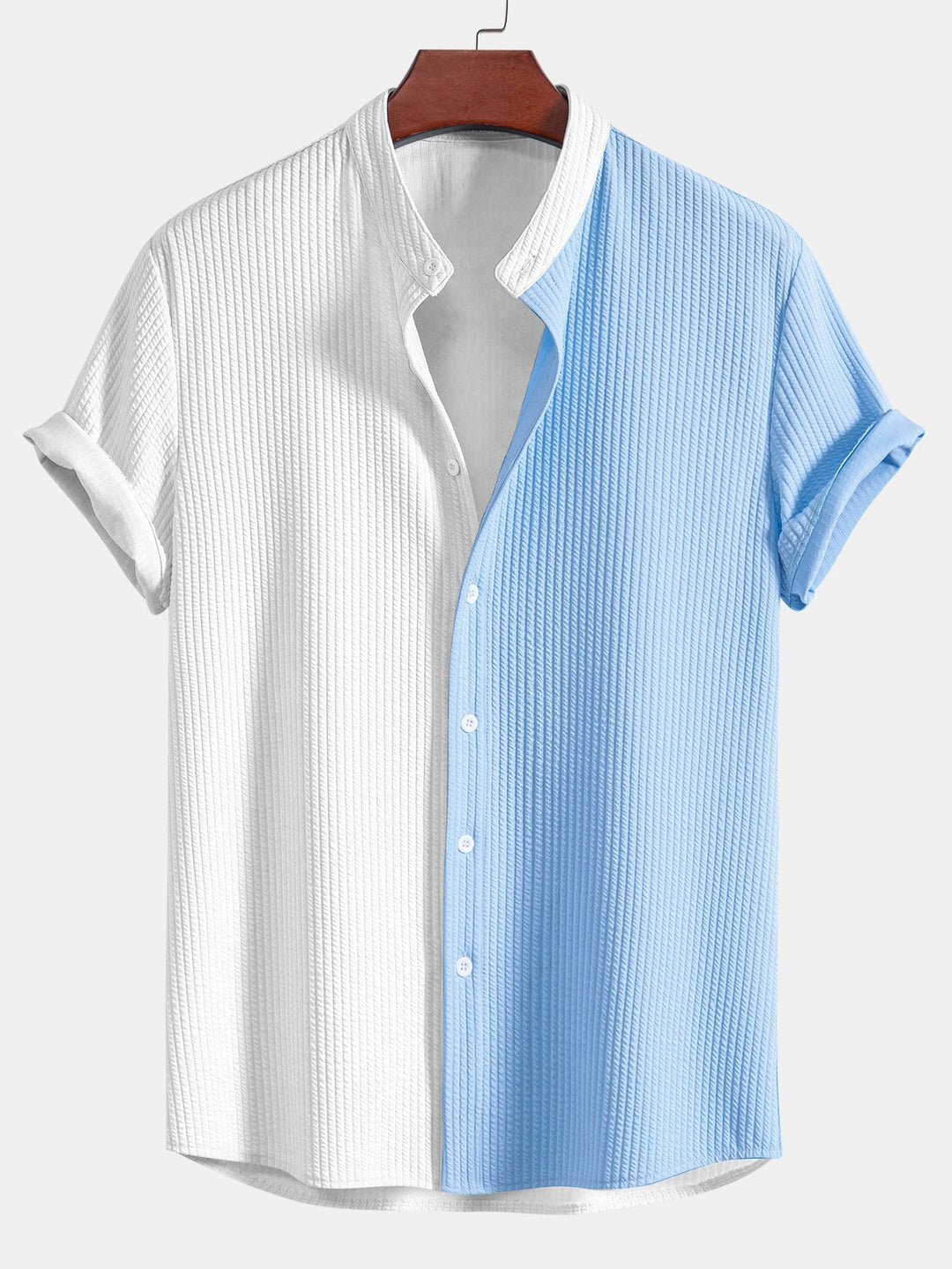 Two Tone Muscle Fit Ribbed Stand Collar Shirt & Straight Leg Ribbed Pants