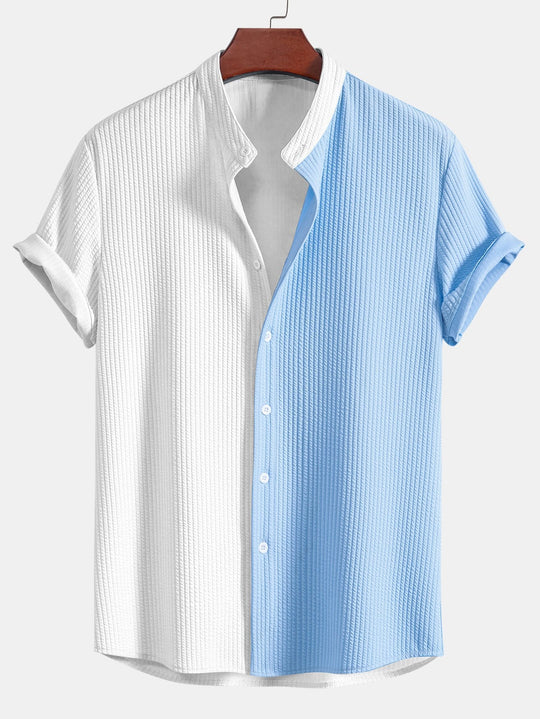 Two Tone Muscle Fit Ribbed Stand Collar Shirt & Straight Leg Ribbed Pants