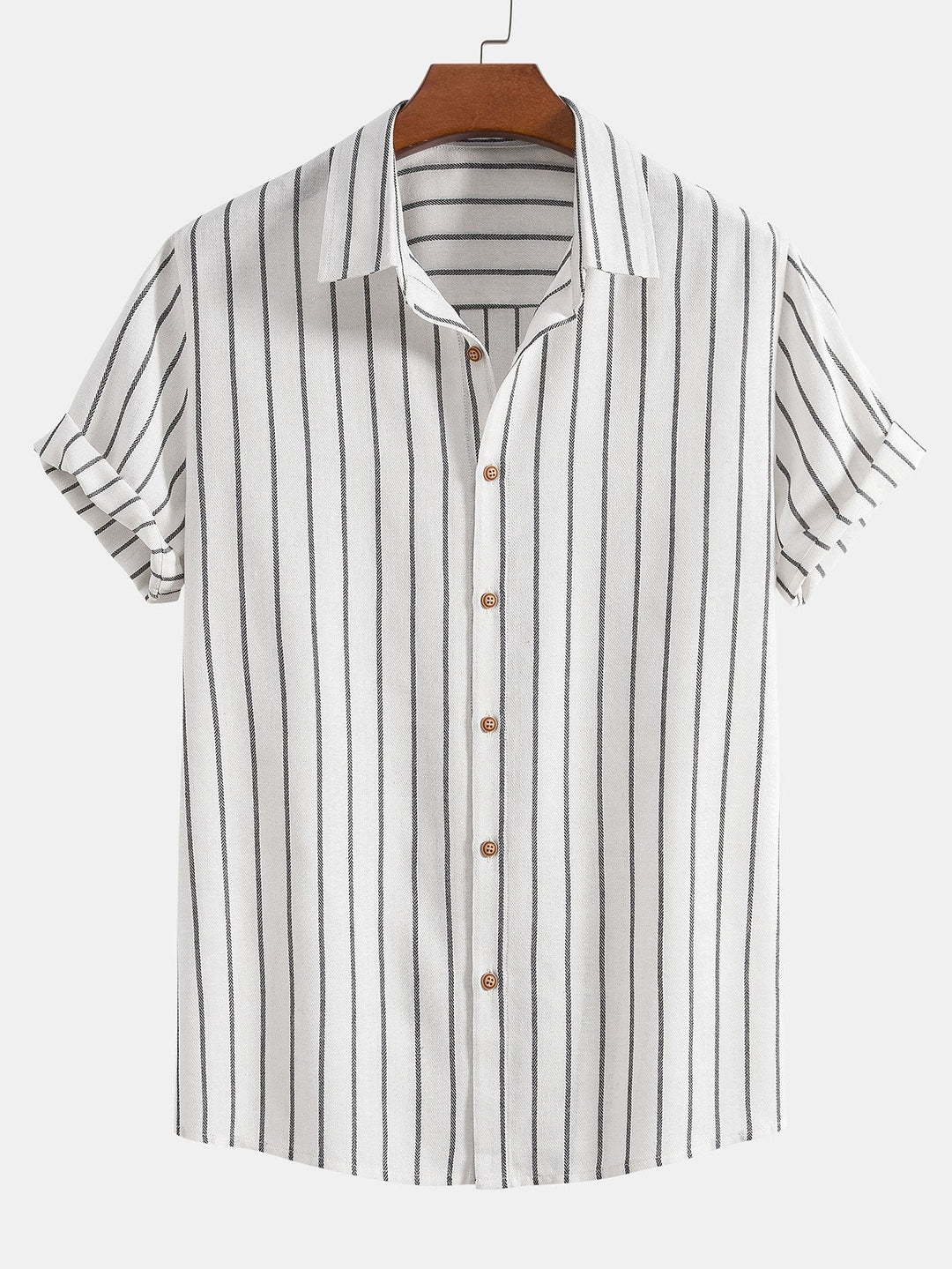 Cotton blend striped button up shirt and straight leg linen pants