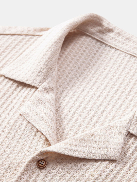 Short sleeve knit waffle Cuban shirt and straight leg linen pants