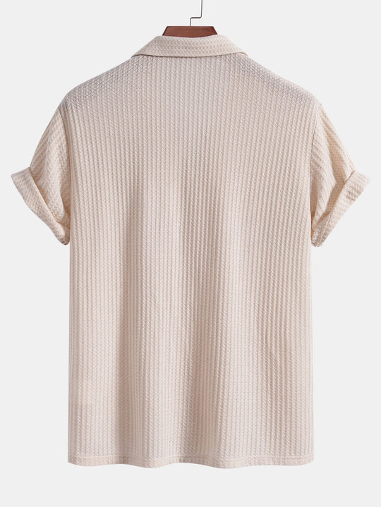 Short sleeve knit waffle Cuban shirt and straight leg linen pants