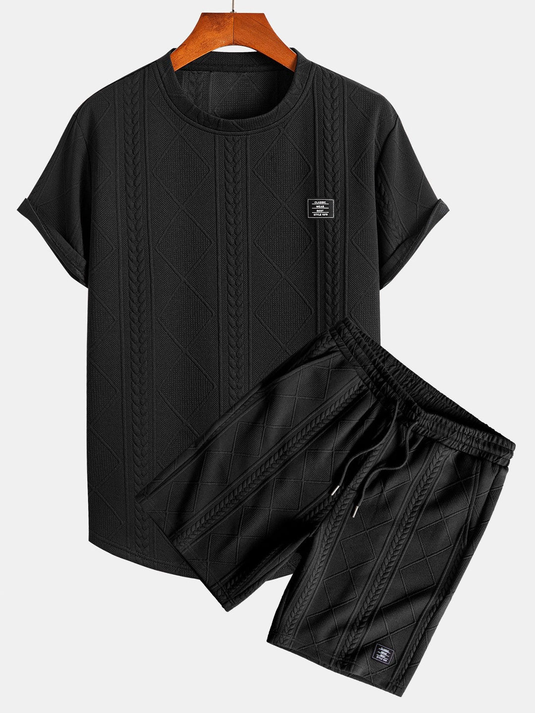 Short sleeve geometric jacquard bow hemT-Shirt& Shorts