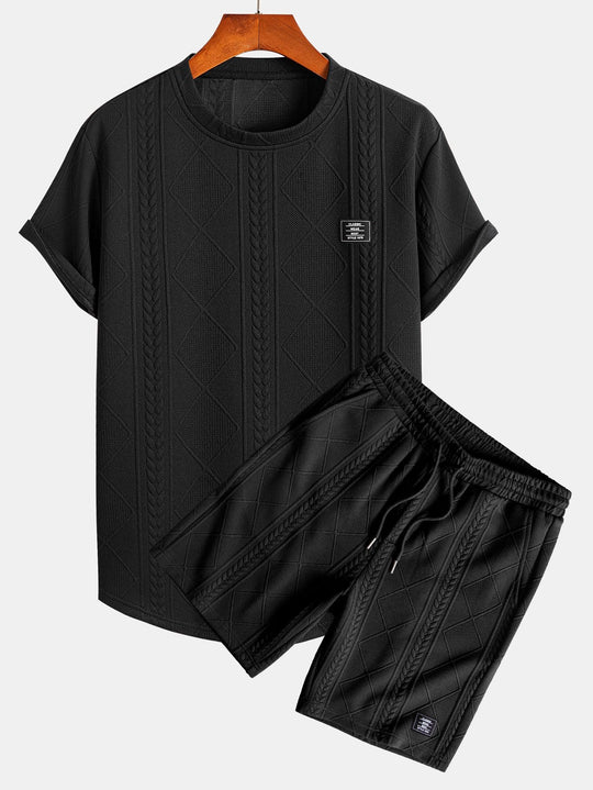 Short sleeve geometric jacquard bow hemT-Shirt& Shorts