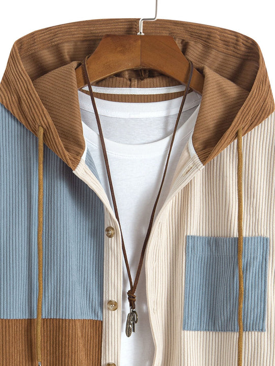Laurent™ - Colorblock corduroy hooded shirt