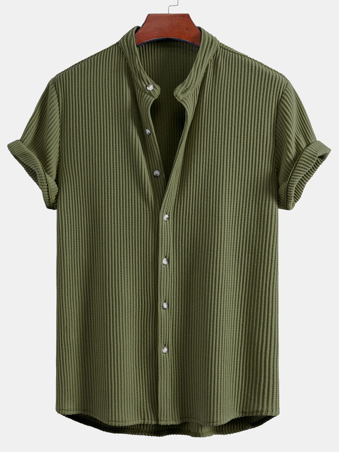 Waffle Slight brownD-collar shirt & waffle shorts with drawstring