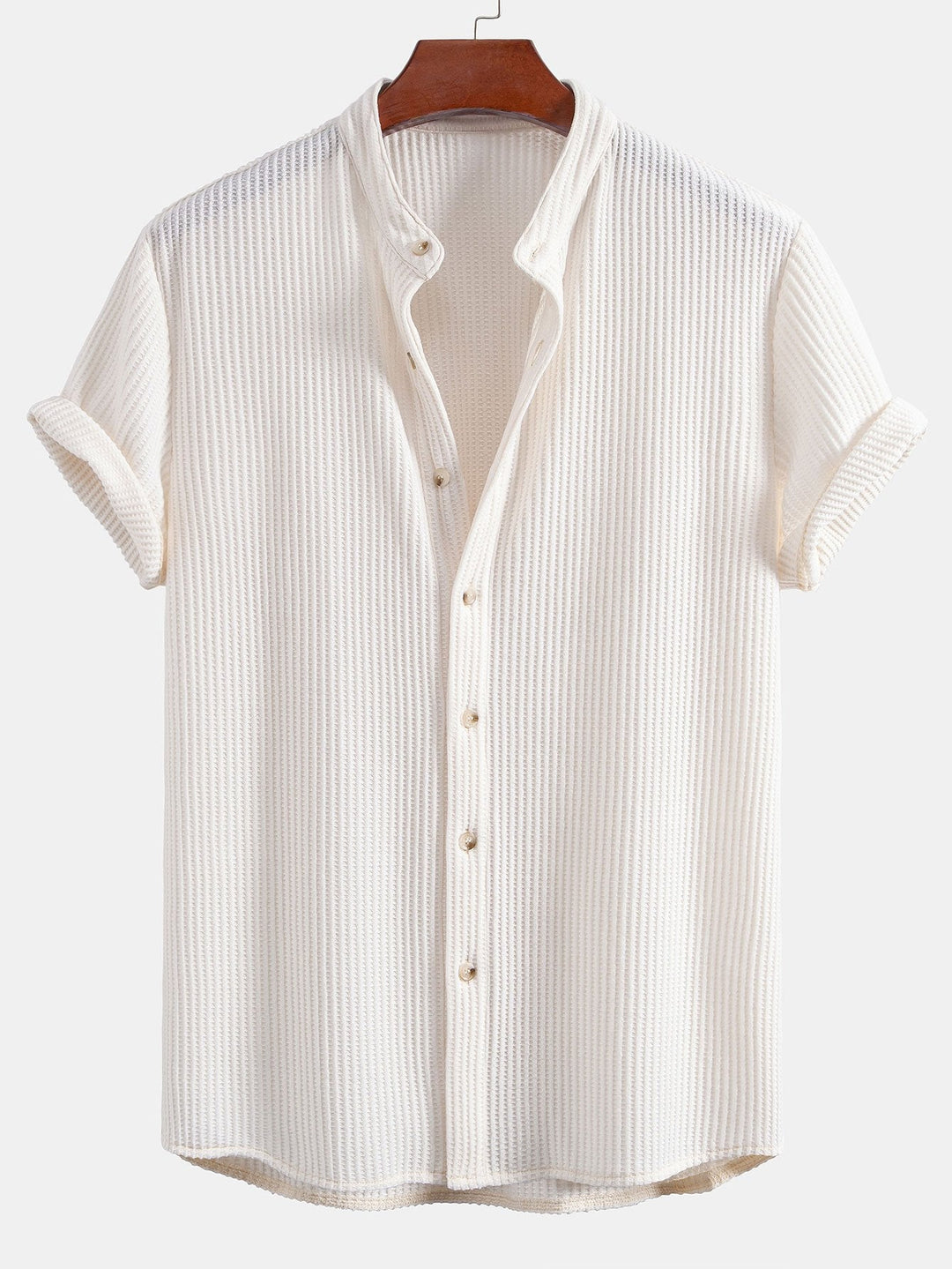 Waffle Slight brownD-collar shirt & waffle shorts with drawstring