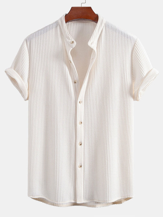 Waffle Slight brownD-collar shirt & waffle shorts with drawstring