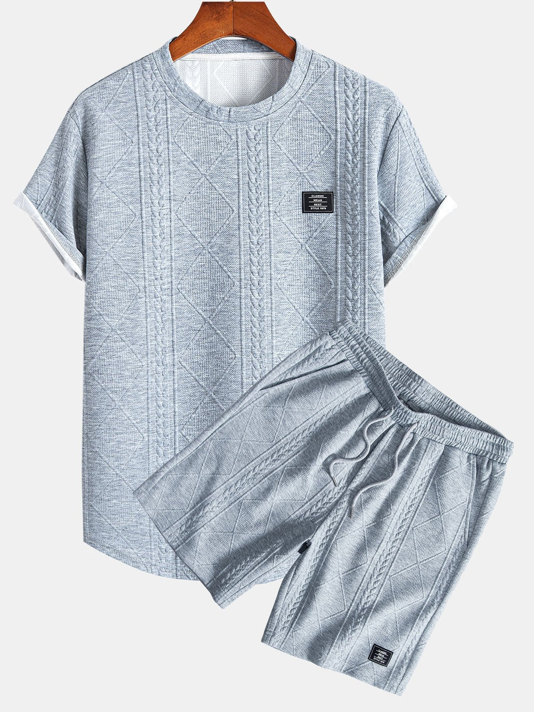 Short sleeve geometric jacquard bow hemT-Shirt& Shorts