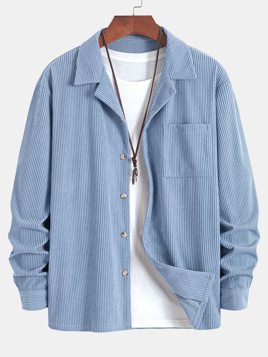 Corduroy Cuban collar long sleeve shirt and straight leg linen pants