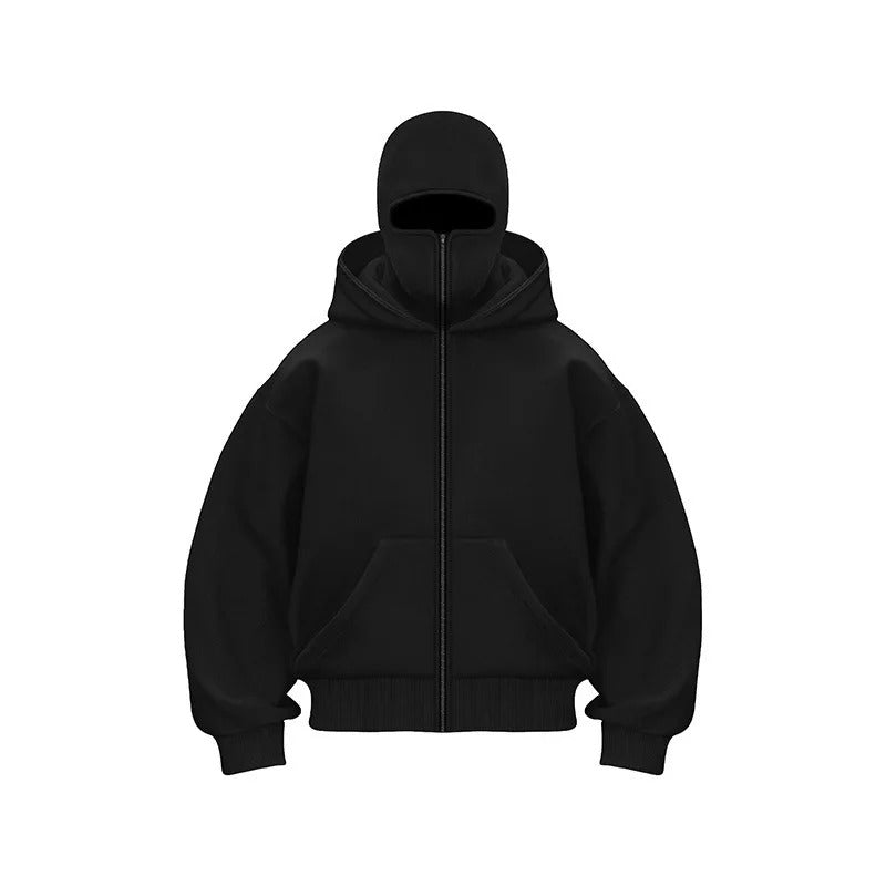 Windproof Outdoor Jacket With Adjustable Balaclava And Zippered Pockets