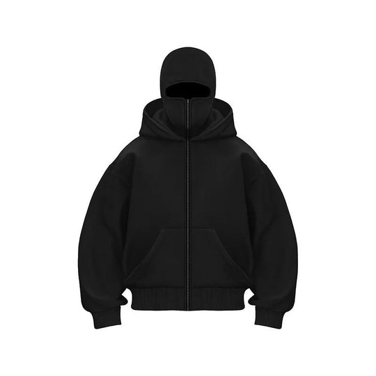 Windproof Outdoor Jacket With Adjustable Balaclava And Zippered Pockets