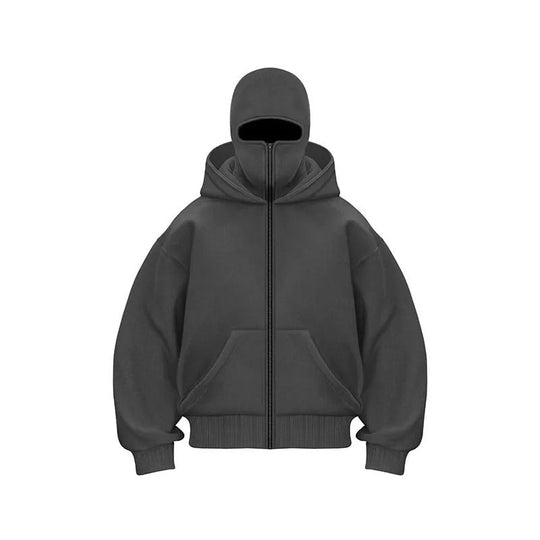 Windproof Outdoor Jacket With Adjustable Balaclava And Zippered Pockets