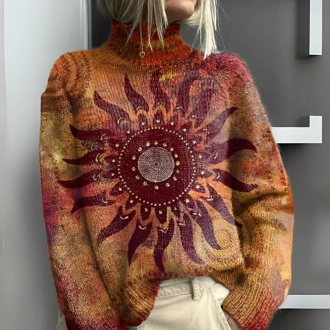 Ivette - Warm knitted turtleneck sweater with an artistic print