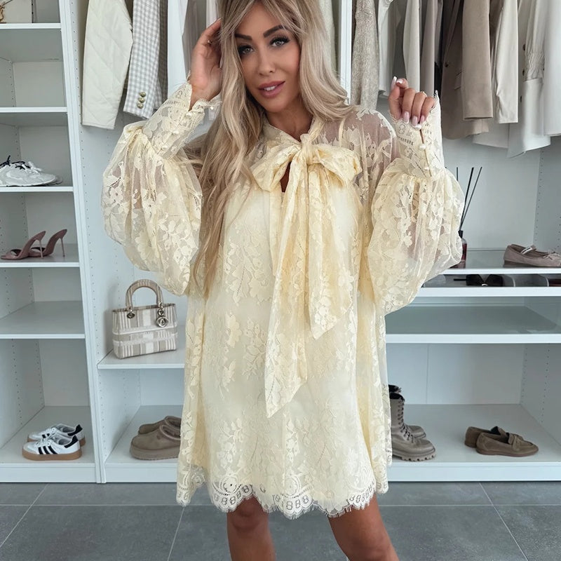 Elisa™ Lace mini dress with tie neck