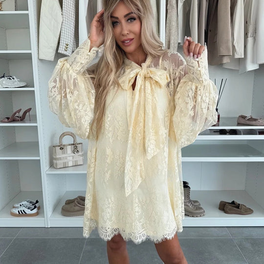 Elisa™ Lace mini dress with tie neck