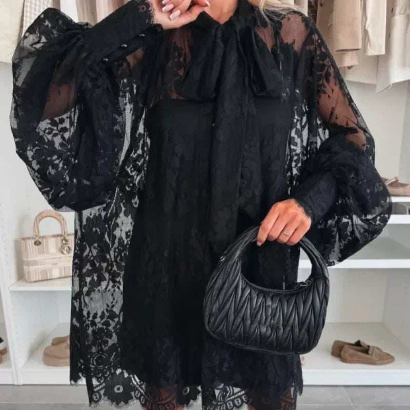 Elisa™ Lace mini dress with tie neck