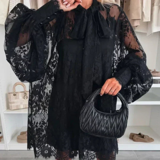 Elisa™ Lace mini dress with tie neck