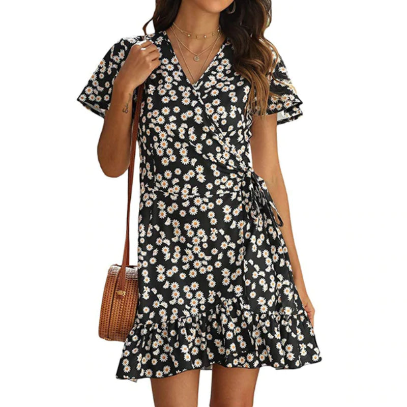 Floral Print Flounce Hem With Waist Belt Dress