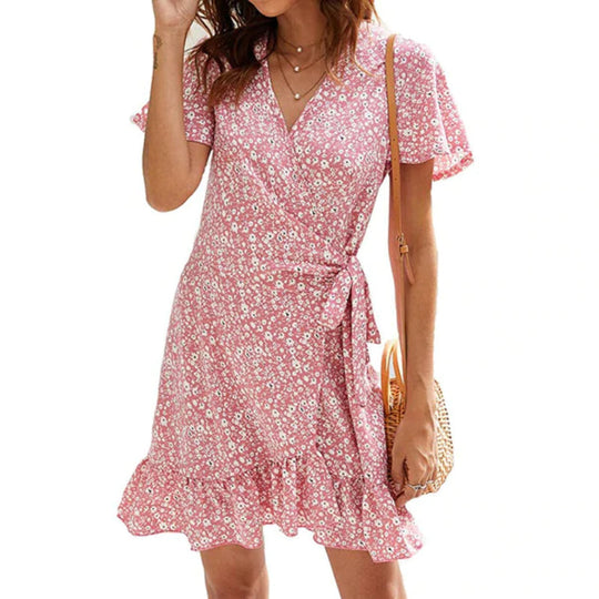 Floral Print Flounce Hem With Waist Belt Dress