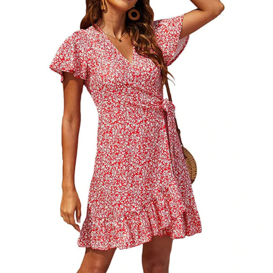 Floral Print Flounce Hem With Waist Belt Dress