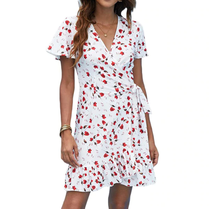 Floral Print Flounce Hem With Waist Belt Dress